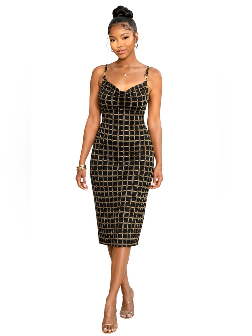 Michael Kors Sleek & Simple Midi Chainlink Gold Black Slip Dress Size: Medium